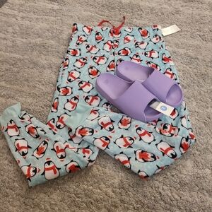 Penguin Print Pajama Pants with Purple Slides